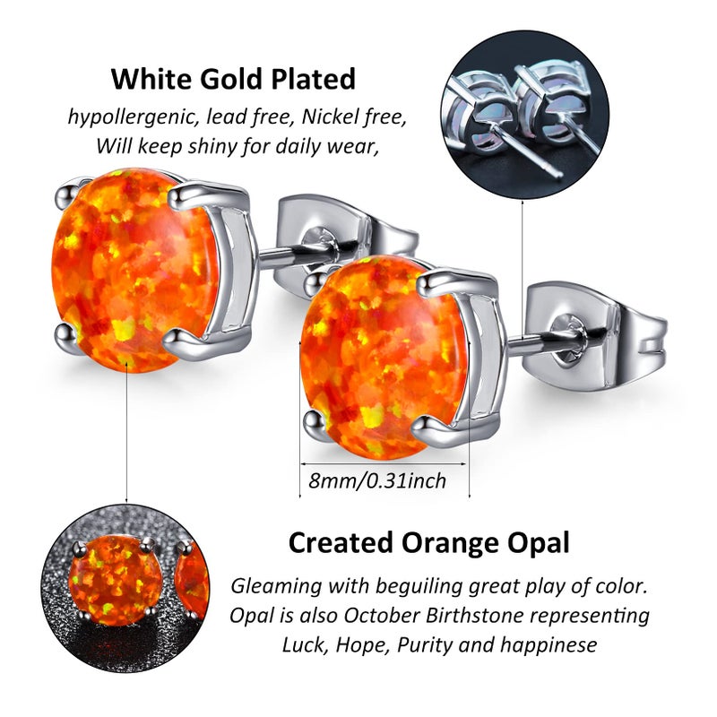 CERSLIMO 18K White Gold Plated Fire Opal Stud Earrings Birthstone Earrings For Women 8mm (Orange) - Image 5
